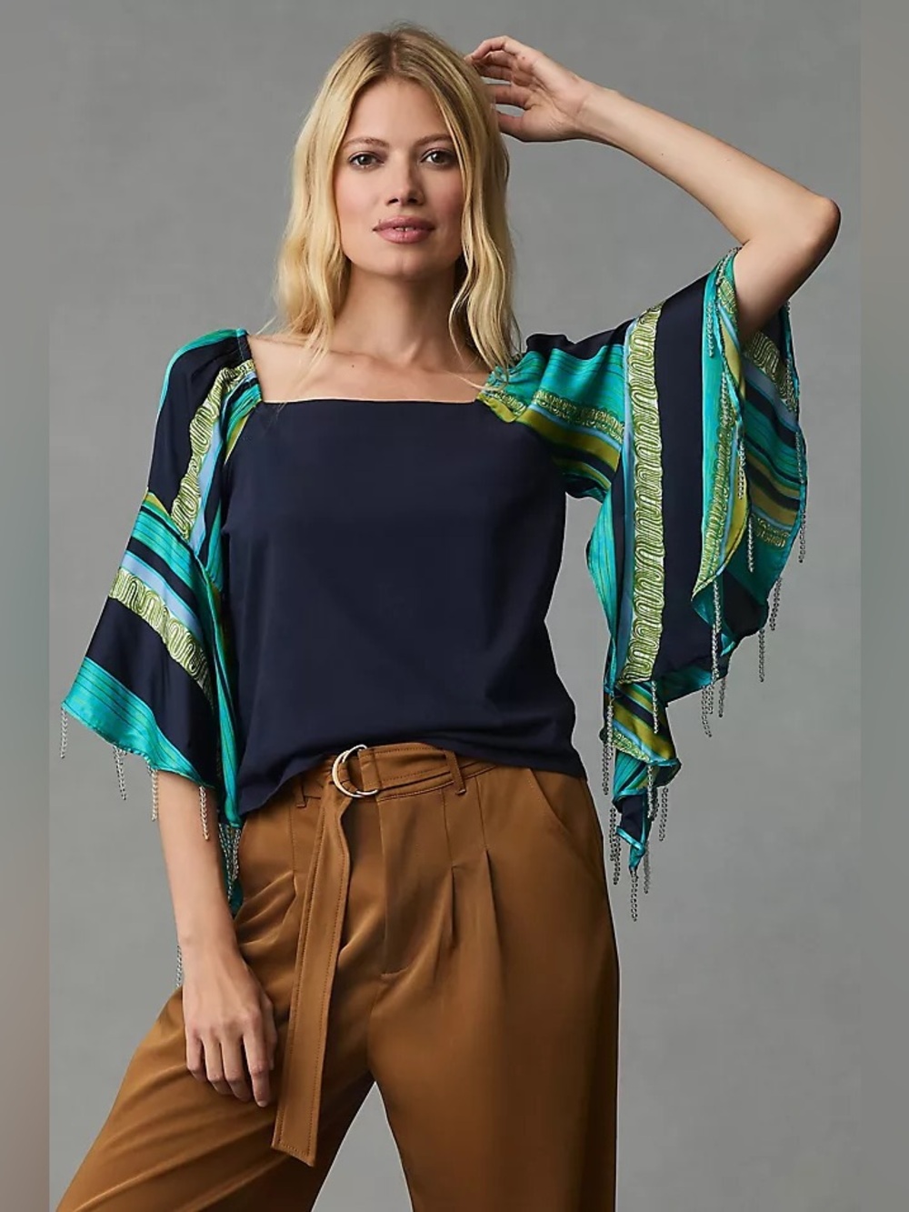 Anthropologie Tiny beaded bell sleeve top in blue M nwt